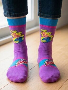 Mountain Dew Do The Dew  Logo Crew Socks, Purple men’s shoe size 6-12 Soda drink